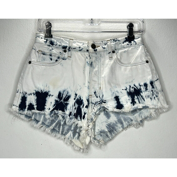 Guess White Bleach Wash Blue Tie-Dye Button Fly Raw Hem Jean Short Shorts 27 - Picture 10 of 10